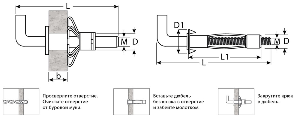 ЗУБР  МОЛЛИ, М5 х 52 х 11 мм, 80 шт, анкер с крюком для пустотелых конструкций (302492-05-052) 302492-05-052