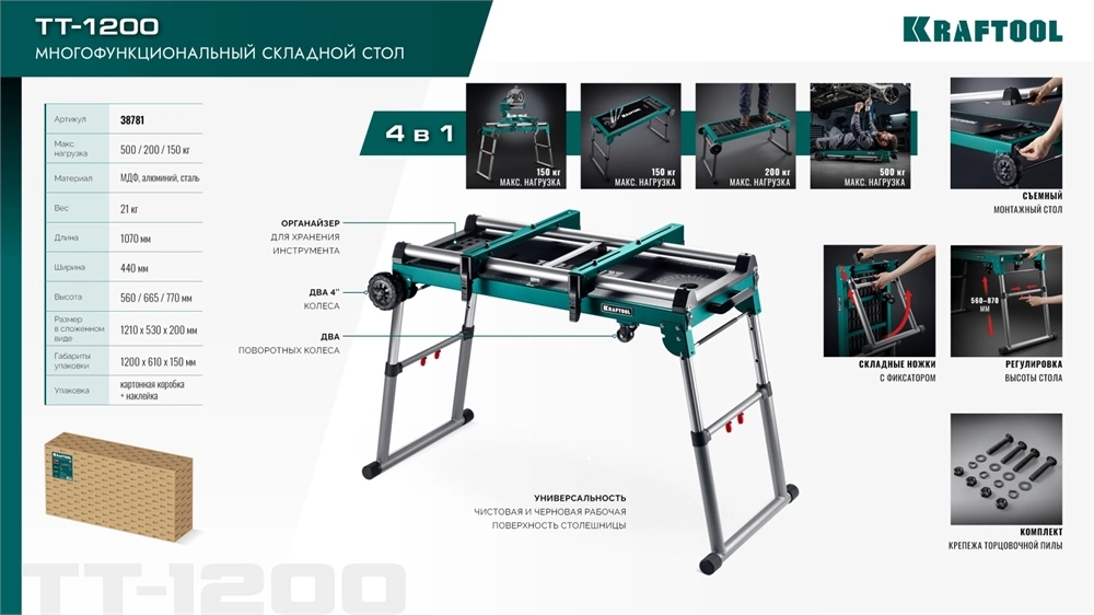 KRAFTOOL TT-1200, 1070x440х770 мм, многофункциональный складной стол (38781) zb  38781