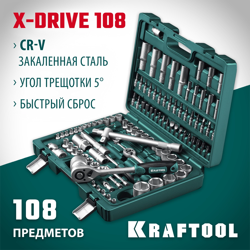 KRAFTOOL X-Drive 108, 108 предм., (1/2″+3/8″+1/4″), универсальный набор инструмента (27888-H108) zb  27888-h108_z03