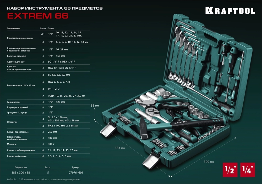 KRAFTOOL EXTREM-66, 66 предм., (1/2″+1/4″), универсальный набор инструмента (27976-H66) zb  27976-h66_z01