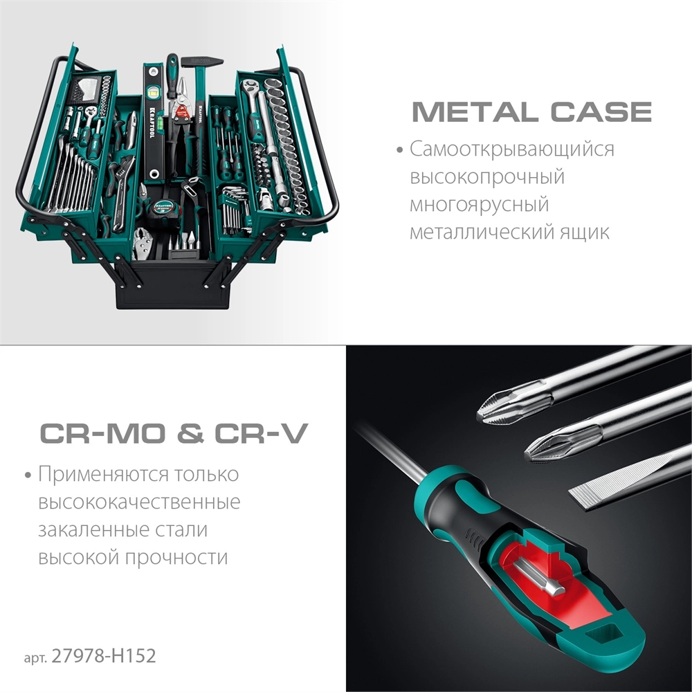KRAFTOOL GRAND-152, 152 предм., (1/2″+1/4″), Универсальный набор инструмента (27978-H152) zb  27978-h152