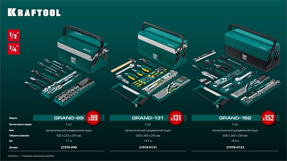 KRAFTOOL GRAND-99, 99 предм., (1/2″+1/4″), Универсальный набор инструмента (27978-H99) zb  27978-h99