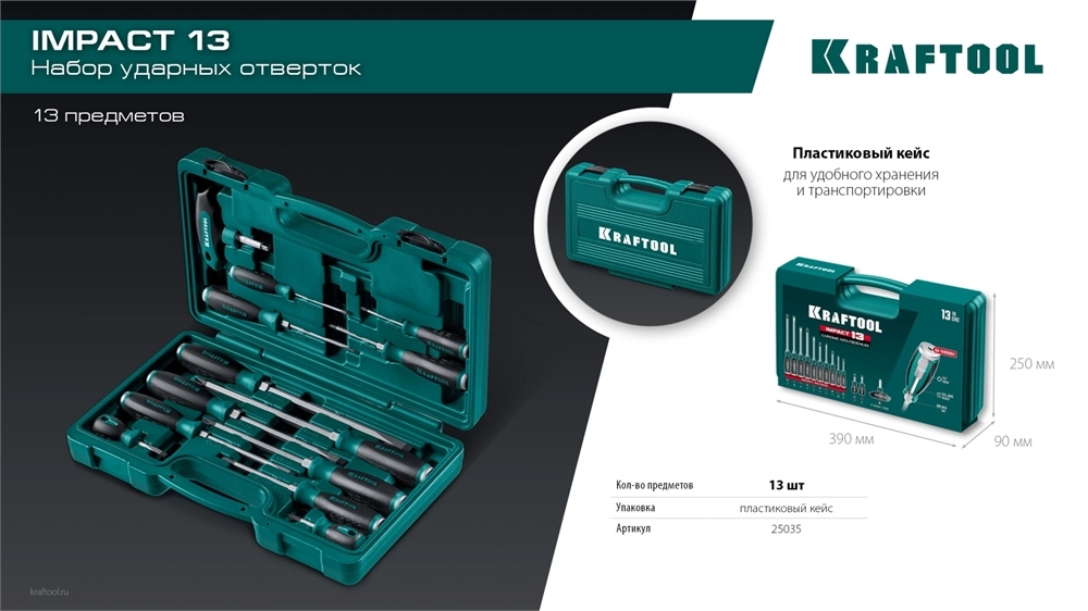 KRAFTOOL IMPACT 13 шт, сквозной стержень Cr-Mo, набор ударных отверток (25035) zb  25035