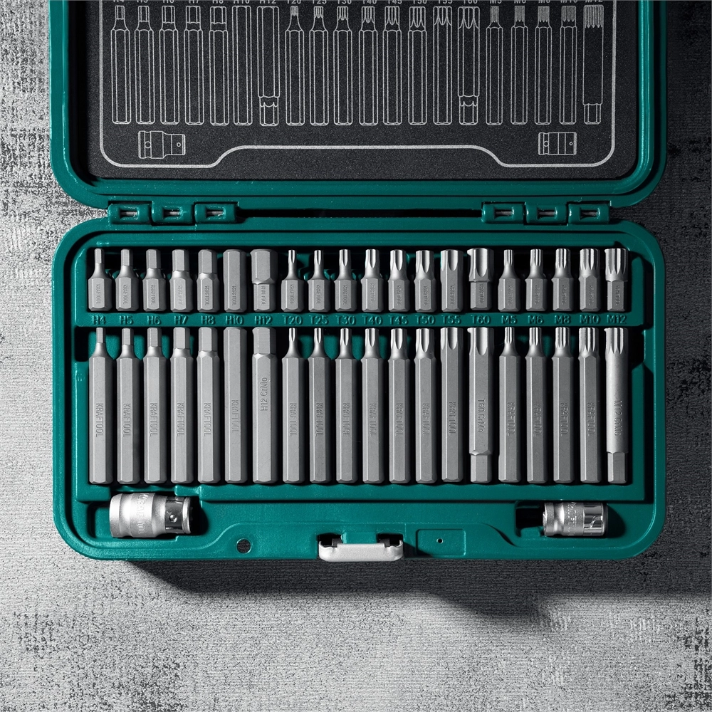 KRAFTOOL THS-42, 42 шт (HEX, TX, SPLINE) хвостовик 10 мм под квадрат 1/2″ набор специальных бит (26554) zb  26554