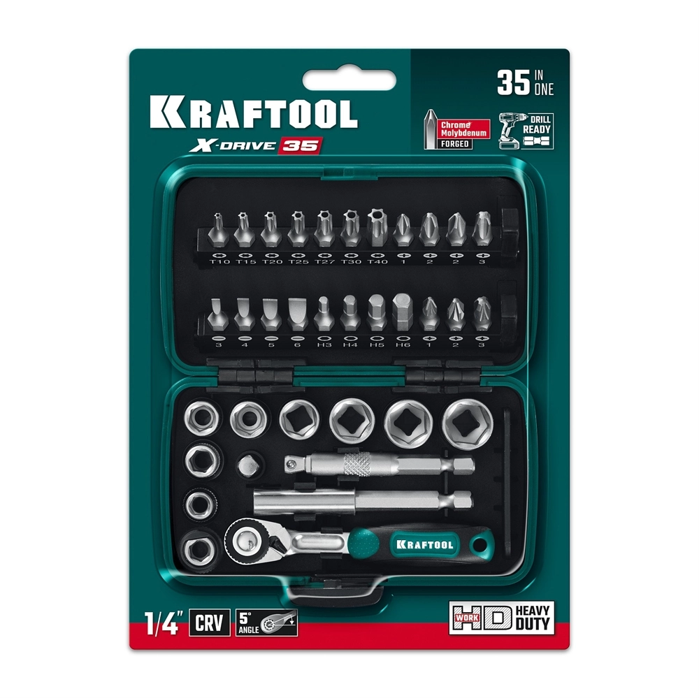 KRAFTOOL X-Drive 35, 35 предм., универсальный набор инструмента 1/4″ (27974) zb  27974