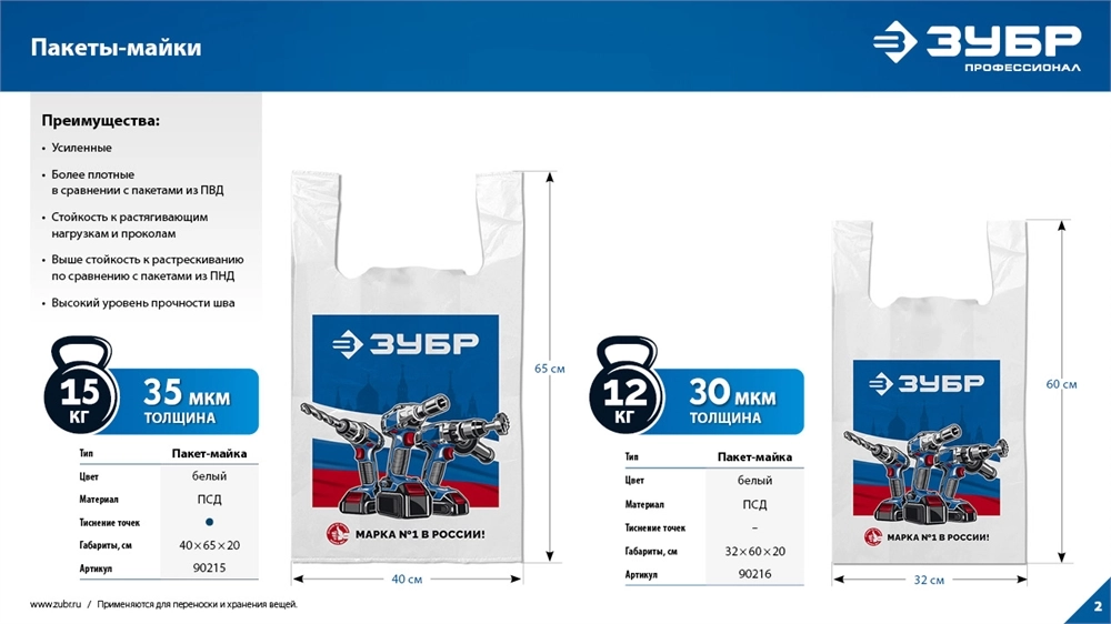 Пакет майка ЗУБР усиленный 32 х 60 х 20 см, 30 мкм zb  90216