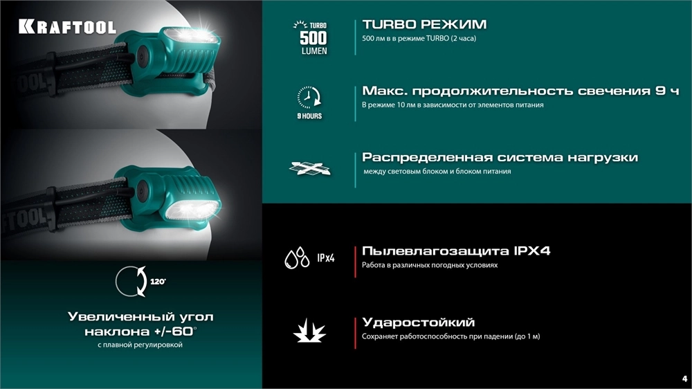 KRAFTOOL KH-10, Hybrid power, 500 лм, 5 режимов, аккумуляторный налобный фонарь, 1000мАч, 3ААА (56452) zb  56452