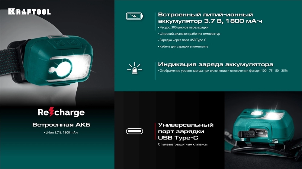 KRAFTOOL KH-5, 550 лм, 3 режима, аккумуляторный налобный фонарь, 1800мАч (56454) zb  56454