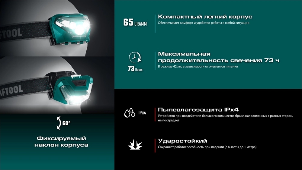 KRAFTOOL KH-3, 500 лм, 5 режимов, налобный фонарь, 3ААА (56456) zb  56456