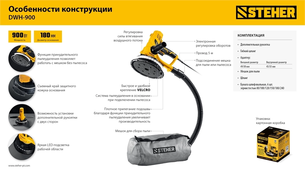 STEHER d180 мм, 900 Вт, подсветка, шлифовальная машина для стен (DWH-900) zb  dwh-900