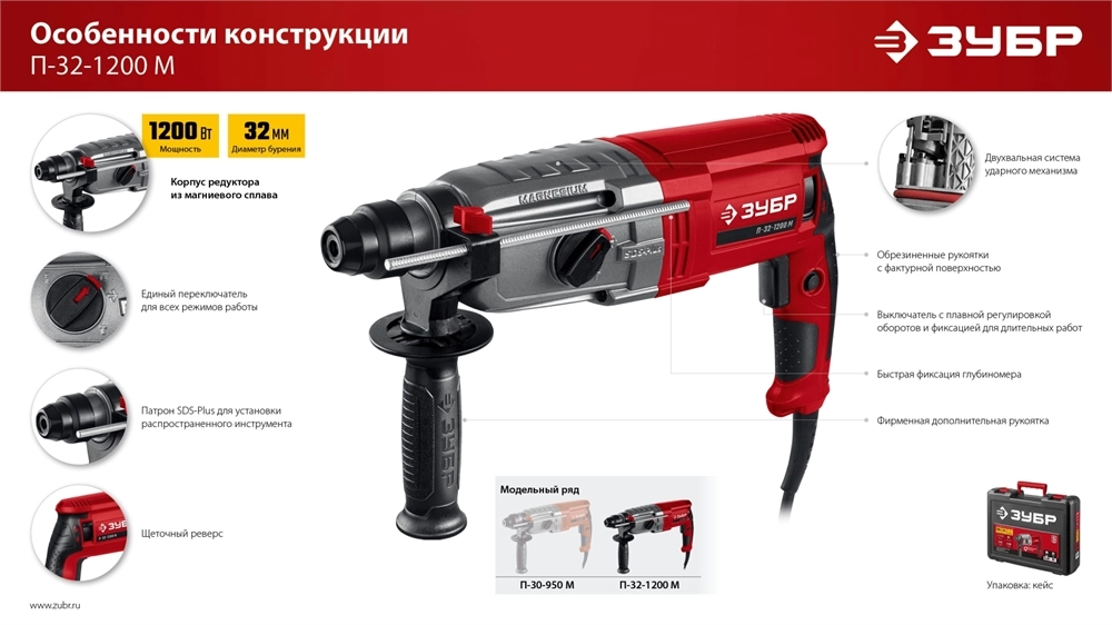 ЗУБР 32 мм, 1200 Вт, перфоратор SDS Plus, мет. корпус (П-32-1200 М) zb  п-32-1200 м