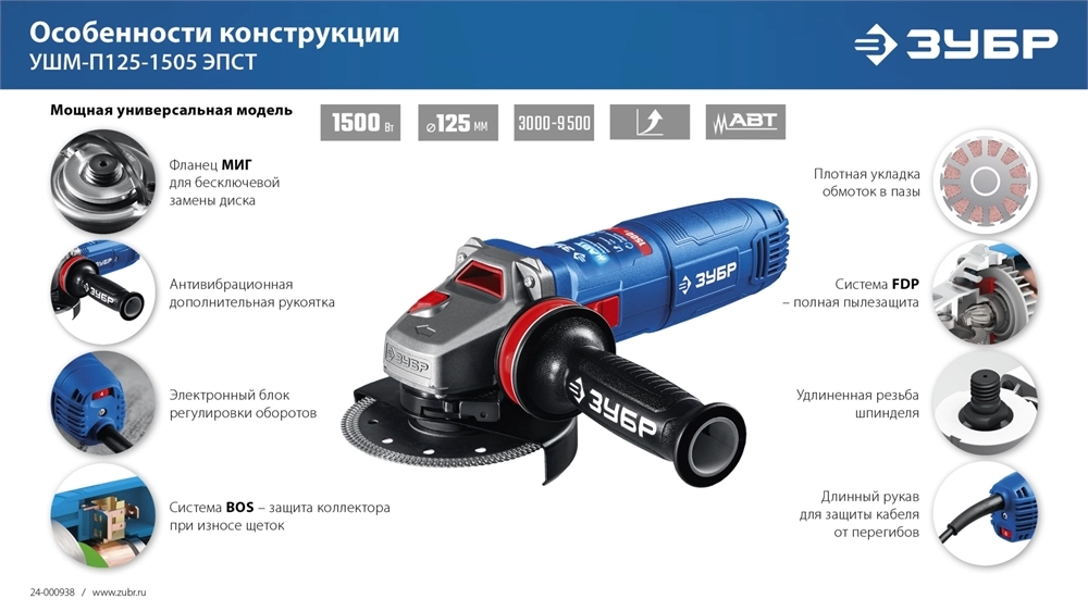 ЗУБР 1500 Вт, d125 мм, УШМ, регулировка оборотов, фланец ″МИГ″, Профессионал (УШМ-П125-1505 ЭПСТ) zb  ушм-п125-1505 эпст