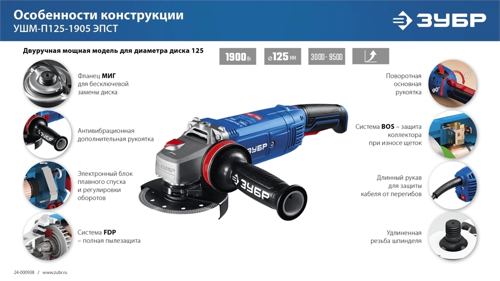 ЗУБР 1900 Вт, d125 мм, УШМ, регулировка оборотов, фланец ″МИГ″, Профессионал (УШМ-П125-1905 ЭПСТ) zb  ушм-п125-1905 эпст