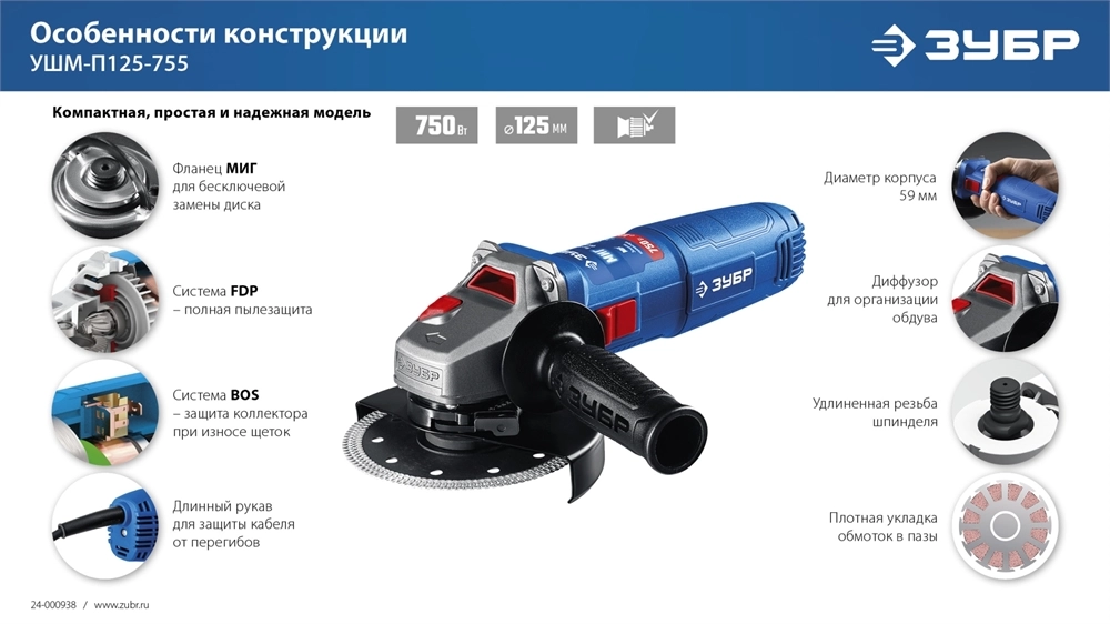 ЗУБР Компакт, 750 Вт, d125 мм, УШМ, фланец ″МИГ″, Профессионал (УШМ-П125-755) zb  ушм-п125-755