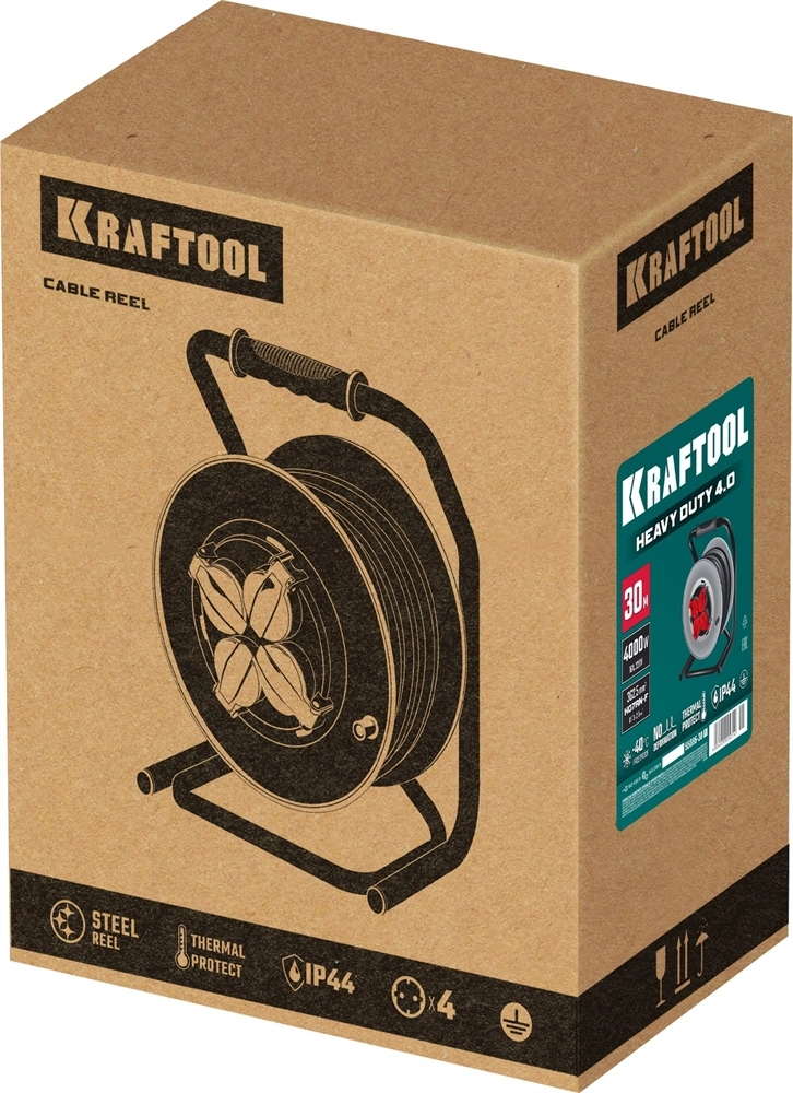 KRAFTOOL КГ 3х2.5 30м 4000Вт IP44, HEAVY DUTYСиловой удлинитель на стальной катушке (55086-30) zb  55086-30_z01