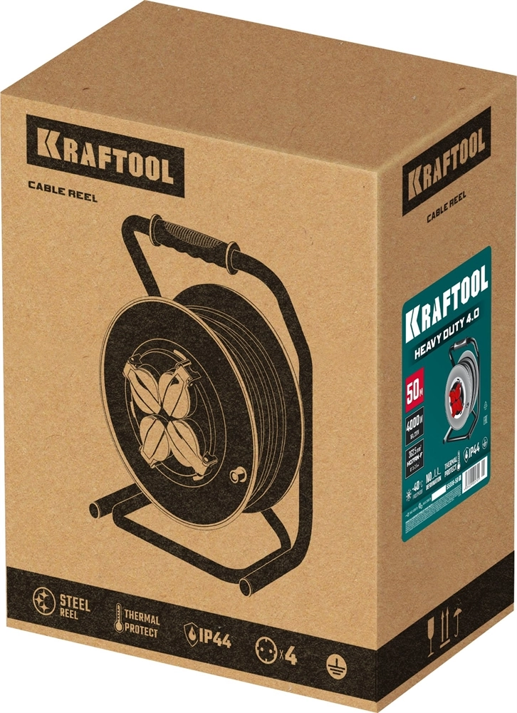 KRAFTOOL КГ 3х2.5 50м 4000Вт IP44, HEAVY DUTYСиловой удлинитель на стальной катушке (55086-50) zb  55086-50_z01