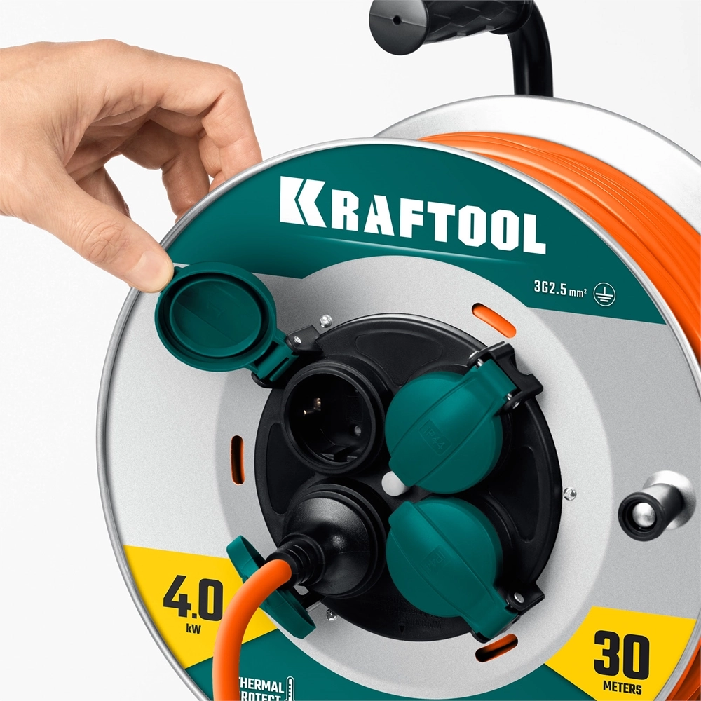 KRAFTOOL ПВС 3х2.5 30м 4000Вт IP44, Силовой удлинитель на стальной катушкеEXPERT (55089-30) zb  55089-30
