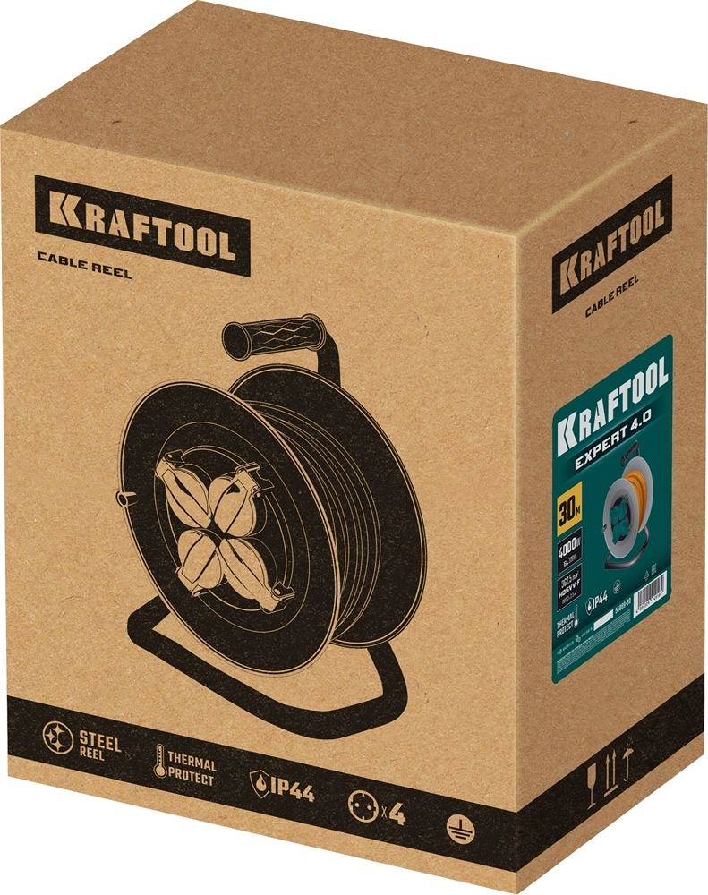 KRAFTOOL ПВС 3х2.5 30м 4000Вт IP44, Силовой удлинитель на стальной катушкеEXPERT (55089-30) zb  55089-30