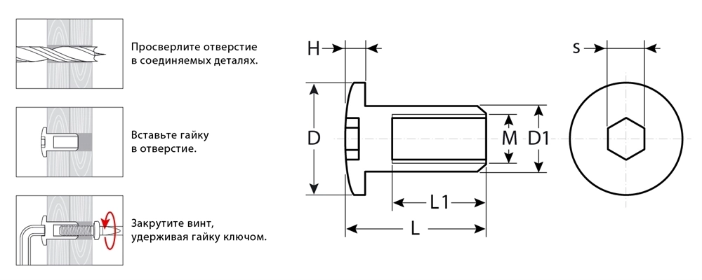 ЗУБР  M6 x 12 мм, шест. 4 мм, цинк, 5 кг, гайка Эриксона с полукруглой головкой, Профессионал (303760-4) 303760-4