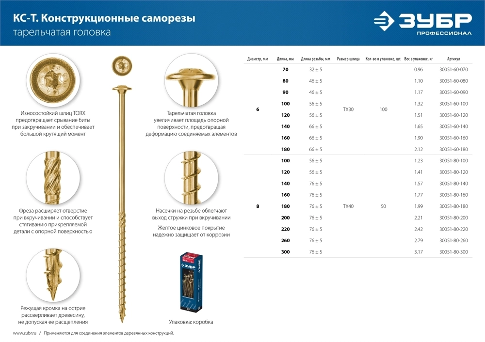 ЗУБР  КС-Т, 90 х 6.0 мм, TX30, тарельчатая головка, желтый цинк, 100 шт, конструкционный саморез, Профессионал (30051-60-090) 30051-60-090