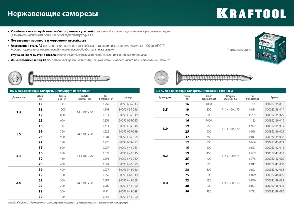 KRAFTOOL  DS-C, 32 х 4.8 мм, А2, сверло, потайная головка, ТХ25, 250 шт, саморез нержавеющий (300932-48-032) 300932-48-032