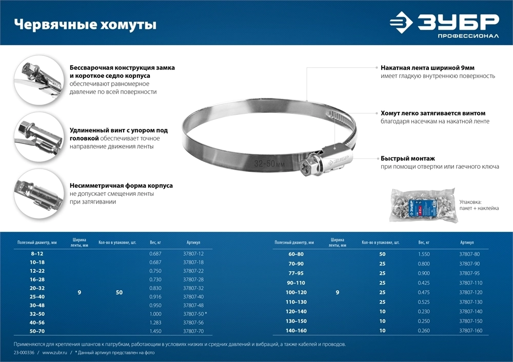 ЗУБР  Х-9Н, 16 - 28 мм, накатная лента 9 мм, цинк, 50 шт, червячный хомут (37807-28) 37807-28