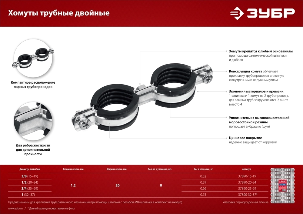 ЗУБР  3/4″, цинк, 8 шт, двойной трубный хомут (37890-25-29) 37890-25-29