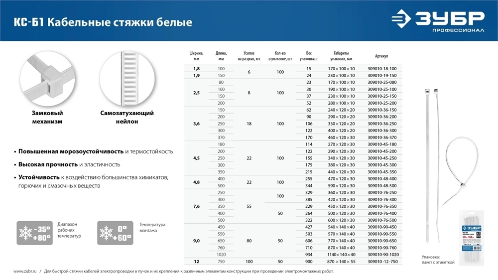ЗУБР  КС-Б1, 12 x 750 мм, нейлон РА66, 50 шт, белые, кабельные стяжки, Профессионал (309010-12-750) 309010-12-750
