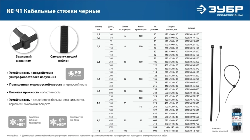 ЗУБР  КС-Ч1, 4.5 x 200 мм, нейлон РА66, 100 шт, черные, кабельные стяжки, Профессионал (309030-45-200) 309030-45-200