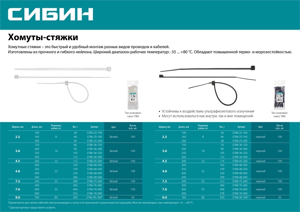СИБИН  ХС-Ч, 7.5 x 240 мм, нейлон РА66, 100 шт, черные, хомуты-стяжки (3788-75-240) 3788-75-240