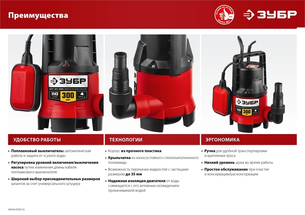 ЗУБР  900 Вт, дренажный насос для грязной воды (НПГ-М1-900) НПГ-М1-900