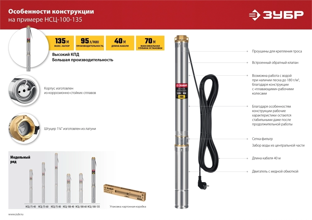 ЗУБР  550 Вт, 40 м напор, скважинный центробежный насос, корпус из нержавеющей стали (НСЦ-75-40) НСЦ-75-40