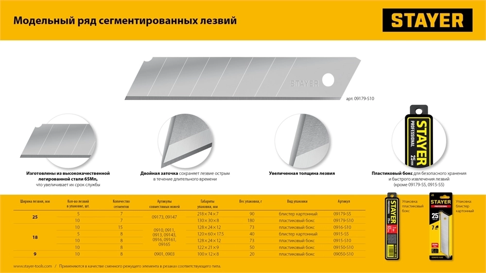 STAYER  18 мм, 10 шт, сегментированные лезвия (09150-S10 ) 09150-S10