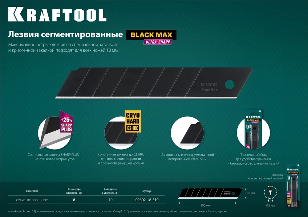 KRAFTOOL  18 мм, 10 шт, сегментированные лезвия (09602-18-S10) 09602-18-S10