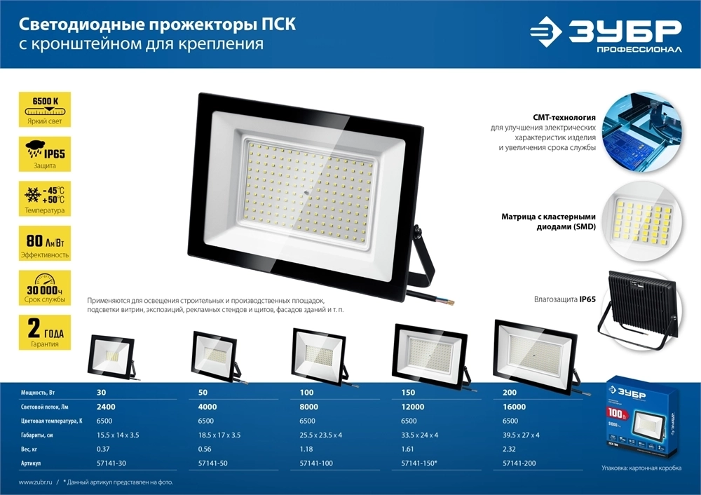 ЗУБР  ПСК-150, 150 Вт, 6500 К, IP 65, светодиодный прожектор, Профессионал (57141-150) 57141-150