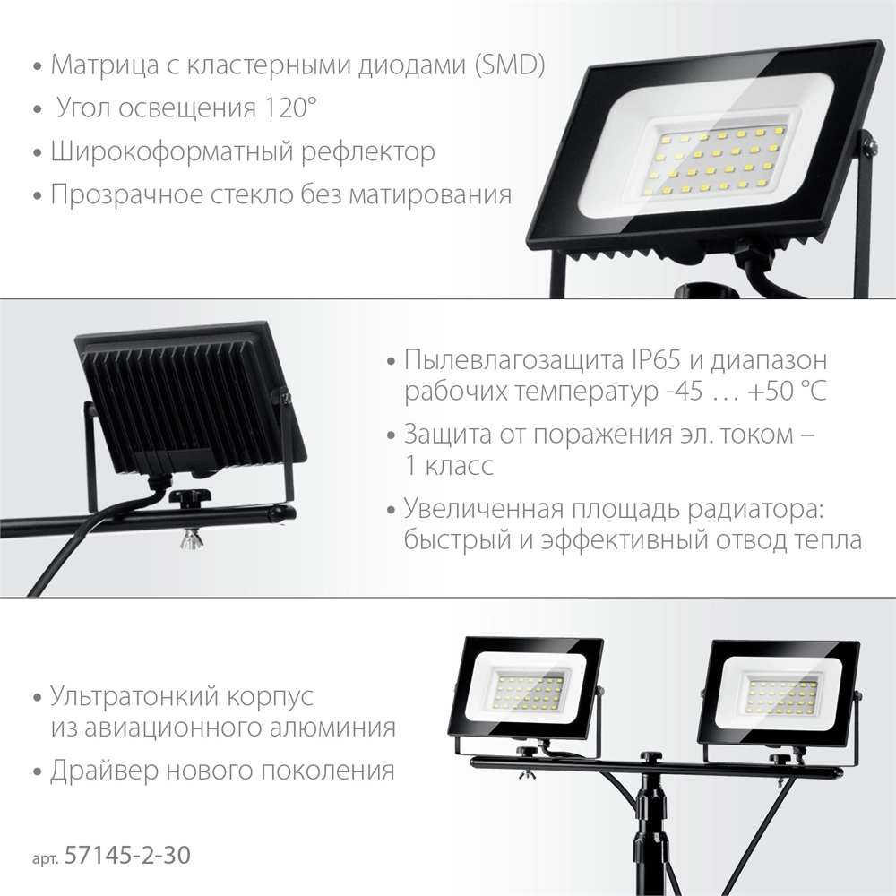 ЗУБР  ПСК 30х2, 2 х 30 Вт, 6500 К, IP 65, 1.6 м, светодиодные прожекторы  на штативе, Профессионал (57145-2-30) 57145-2-30