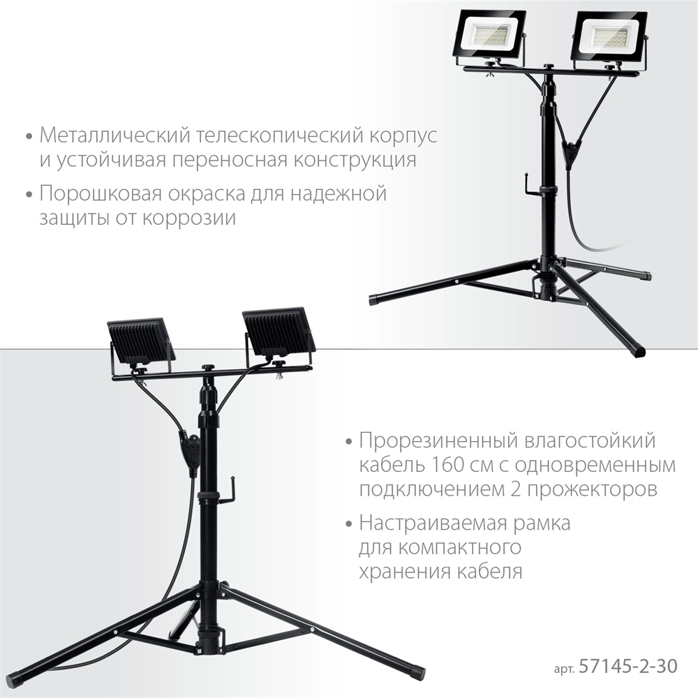 ЗУБР  ПСК 30х2, 2 х 30 Вт, 6500 К, IP 65, 1.6 м, светодиодные прожекторы  на штативе, Профессионал (57145-2-30) 57145-2-30