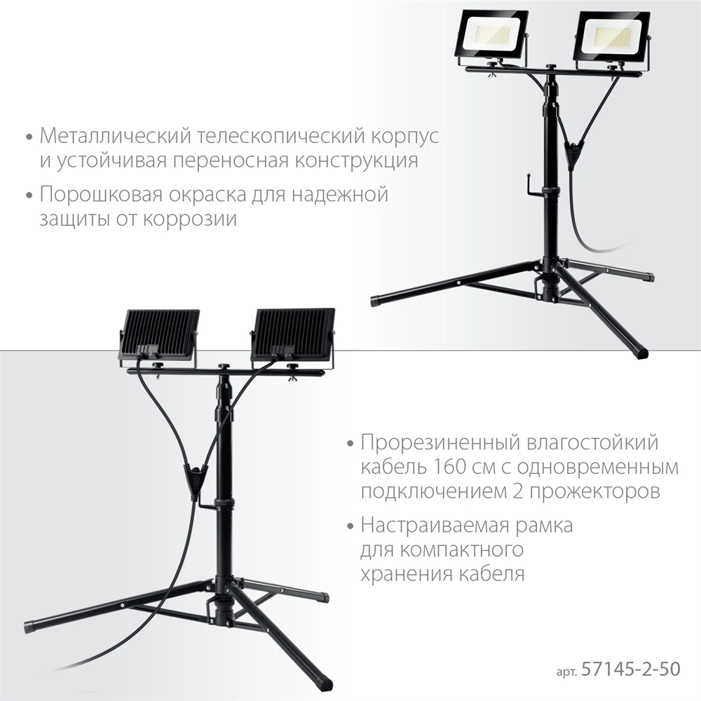 ЗУБР  ПСК 50х2, 2 х 50 Вт, 6500 К, IP 65, 1.6 м, светодиодные прожекторы  на штативе, Профессионал (57145-2-50) 57145-2-50