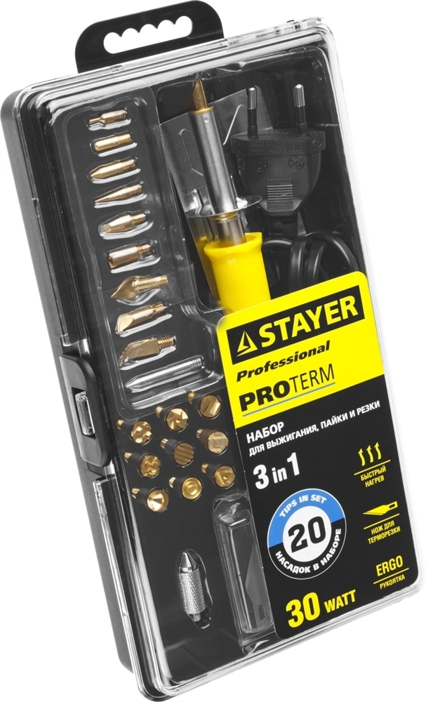 STAYER  PROTerm, 30 Вт, 3 в 1, в наборе: 20 насадок, в кейсе, прибор для выжигания, пайки и резки, Professional  (45227) 45227