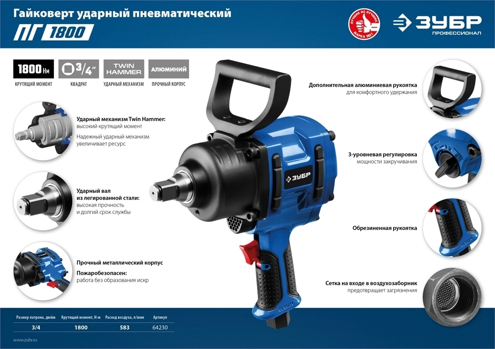 ЗУБР  ПГ-1800, 3/4″, 1800 Н·м, ударный пневматический гайковерт, Профессионал (64230) 64230