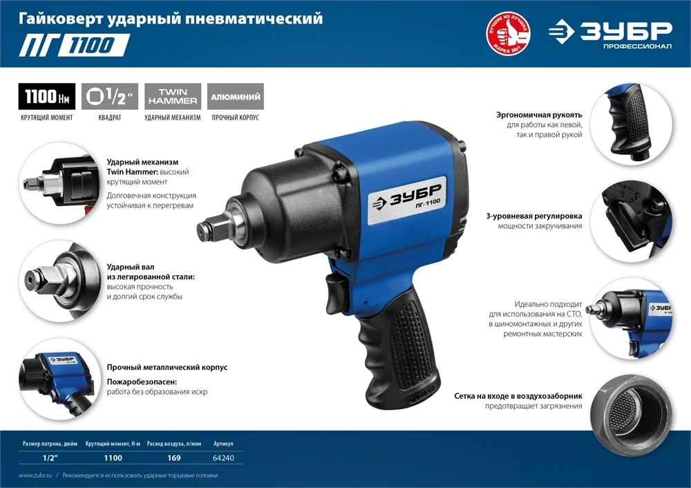 ЗУБР  ПГ-1100, 1/2″, 1100 Н·м, ударный пневматический гайковерт, Профессионал (64240) 64240