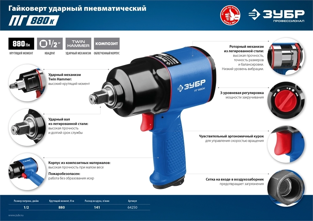 ЗУБР  ПГ-880К, 1/2″, 880 Н·м, ударный пневматический гайковерт, Профессионал (64250) 64250