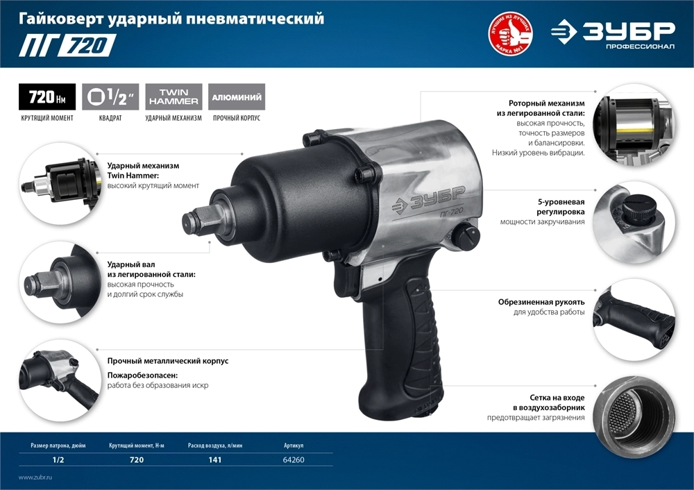 ЗУБР  ПГ-720, 1/2″, 720 Н·м, ударный пневматический гайковерт, Профессионал (64260) 64260