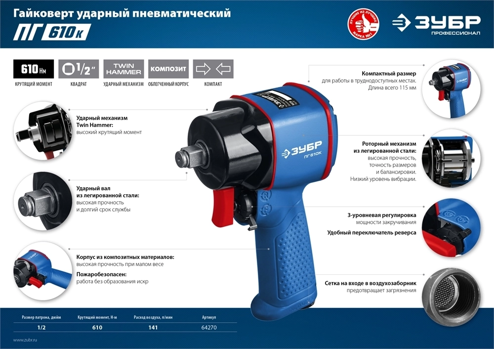 ЗУБР  ПГ-610К, 1/2″, 610 Н·м, ударный пневматический гайковерт, Профессионал (64270)+M675 64270