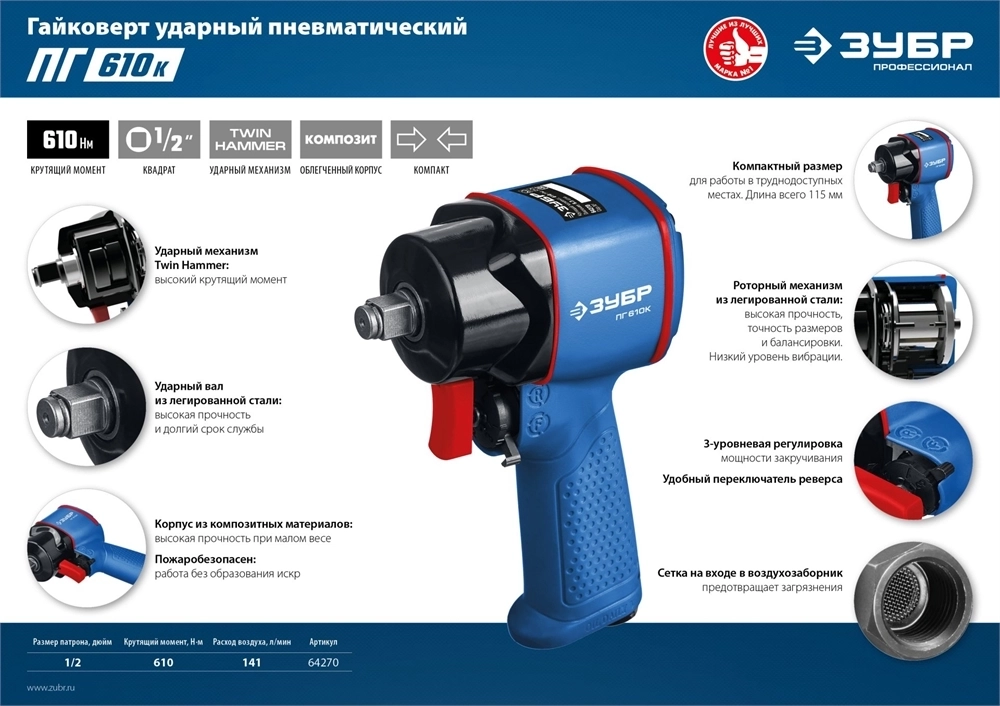 ЗУБР  ПГ-610К, 1/2″, 610 Н·м, ударный пневматический гайковерт, Профессионал (64270)+M675 64270