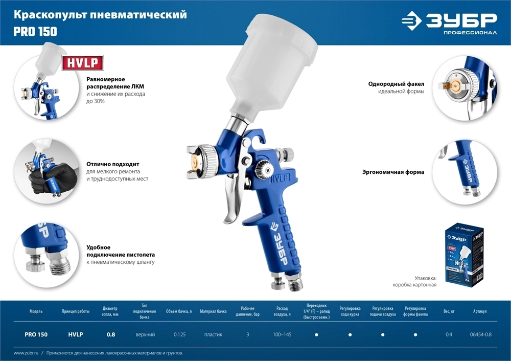 ЗУБР  PRO 150, 0.8 мм, пневматический краскопульт с верхним бачком, Профессионал (06454-0.8) 06454-0.8
