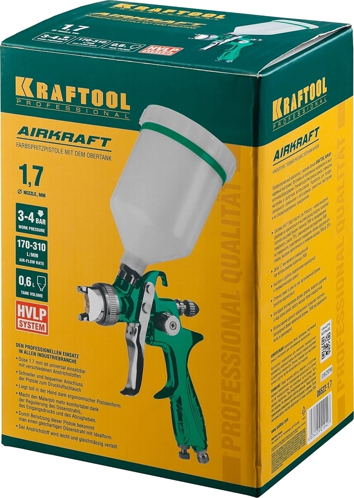 KRAFTOOL  AirKraft, HVLP, 1.7 мм, пневматический краскопульт с верхним бачком (06522-1.7) 06522-1.7