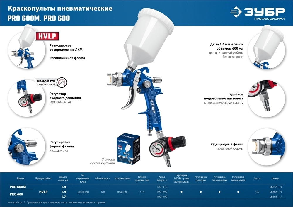 ЗУБР  PRO 600, HVLP, 1.7 мм, пневматический краскопульт с верхним бачком, Профессионал (06563-1.7) 06563-1.7_z01
