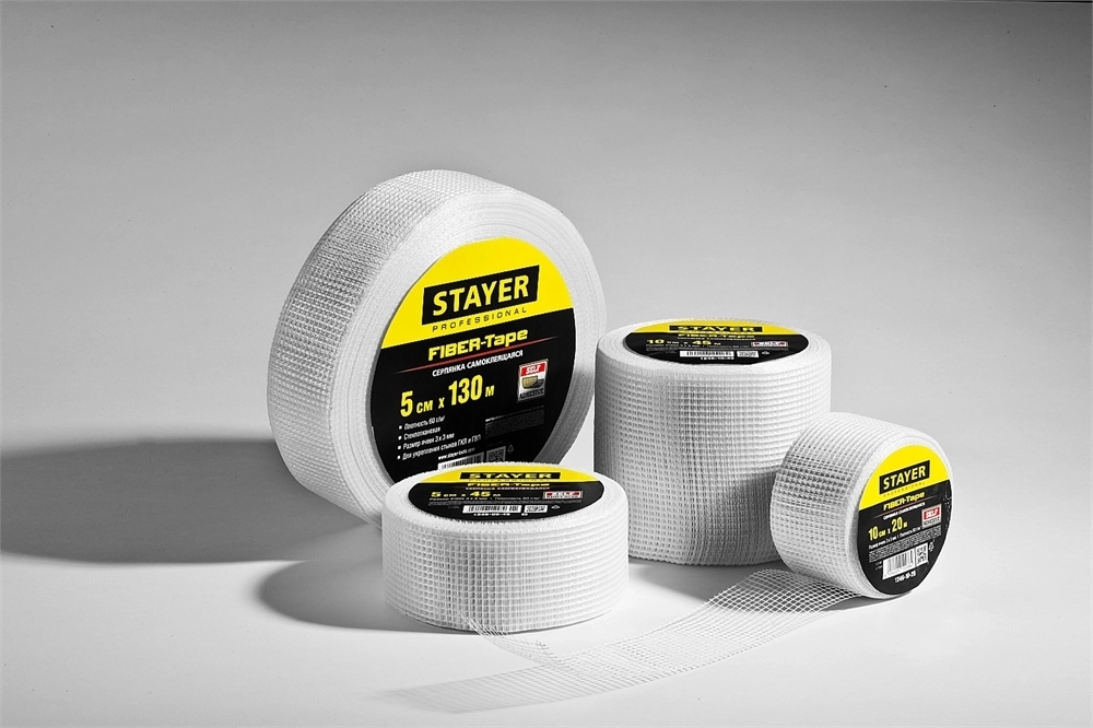 STAYER  FIBER-Tape, 5 см х 130 м, 3 х 3 мм, самоклеящаяся серпянка, Professional (1246-05-130) 1246-05-130_z01