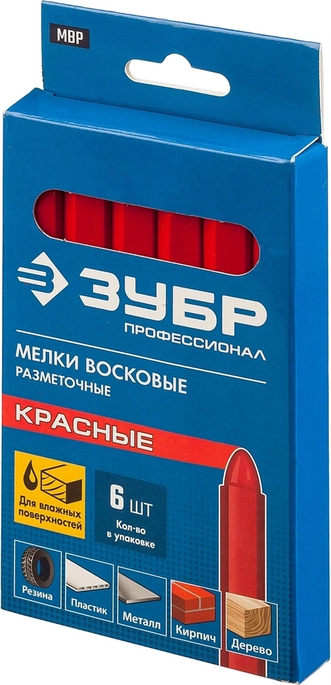 ЗУБР  красные, 6 шт, разметочные восковые мелки, Профессионал (06330-3) 06330-3